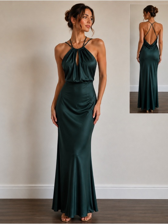 Fullveb Dresses & Skirts - Emerald Green Satin Halter Open Back Maxi Dress Small